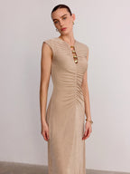 Sleeveless Maxi Dress with Metal Detail and Ruching