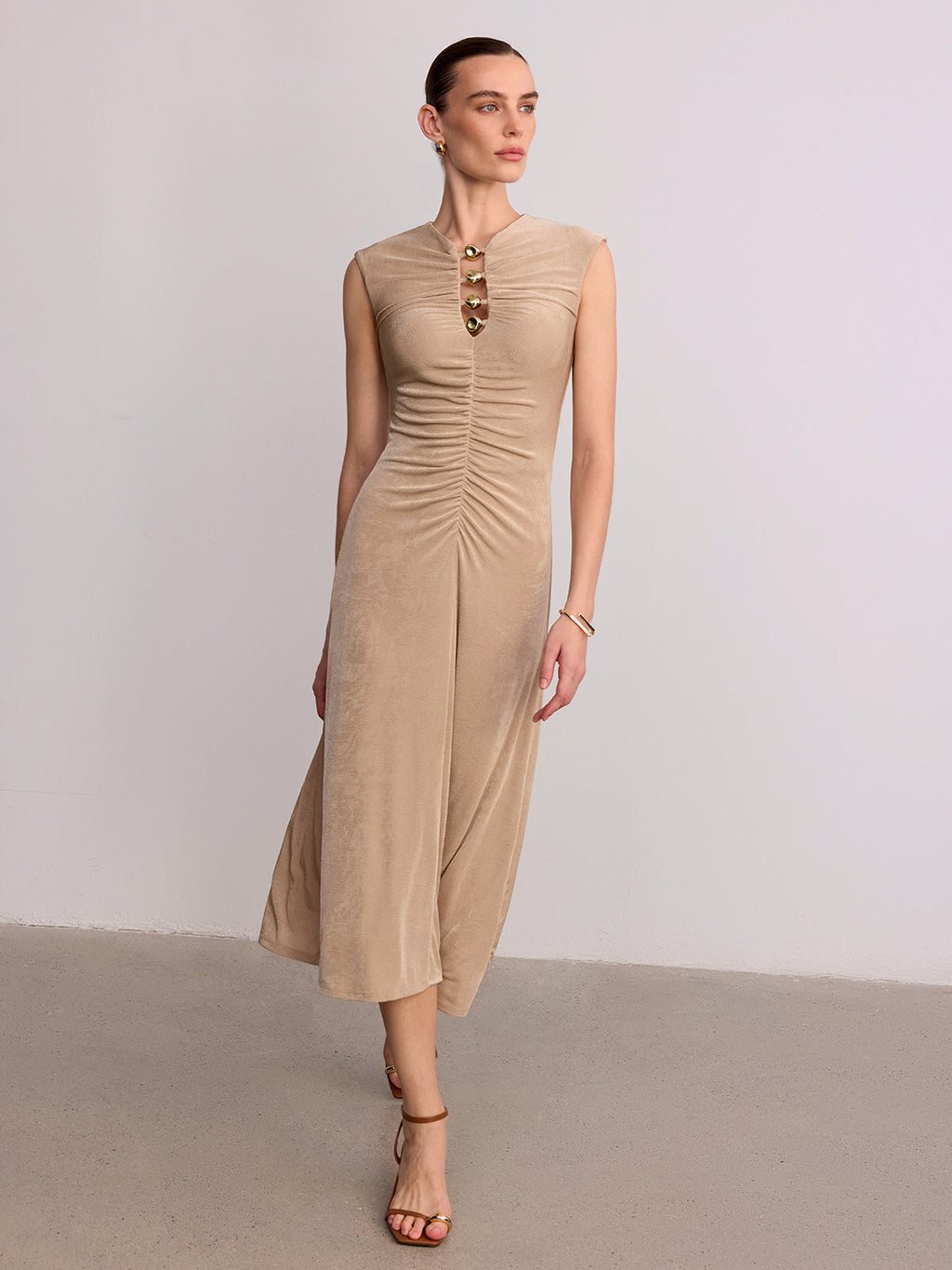 Sleeveless Maxi Dress with Metal Detail and Ruching