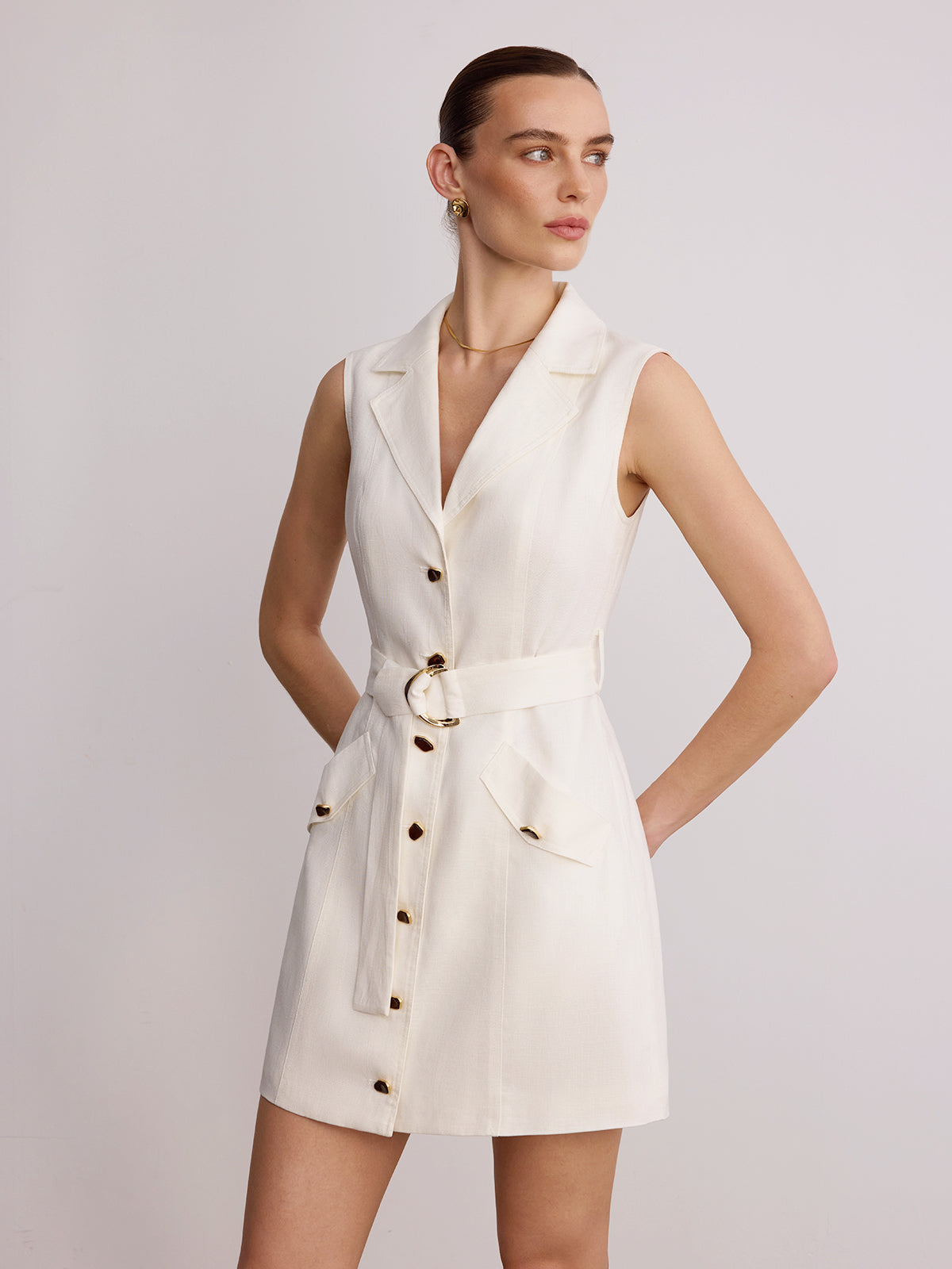 Blazer Collar Sleeveless Linen Dress with Belt