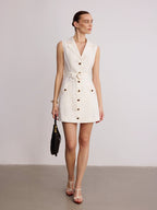 Sleeveless Linen Mini Dress with Blazer Collar and Belt