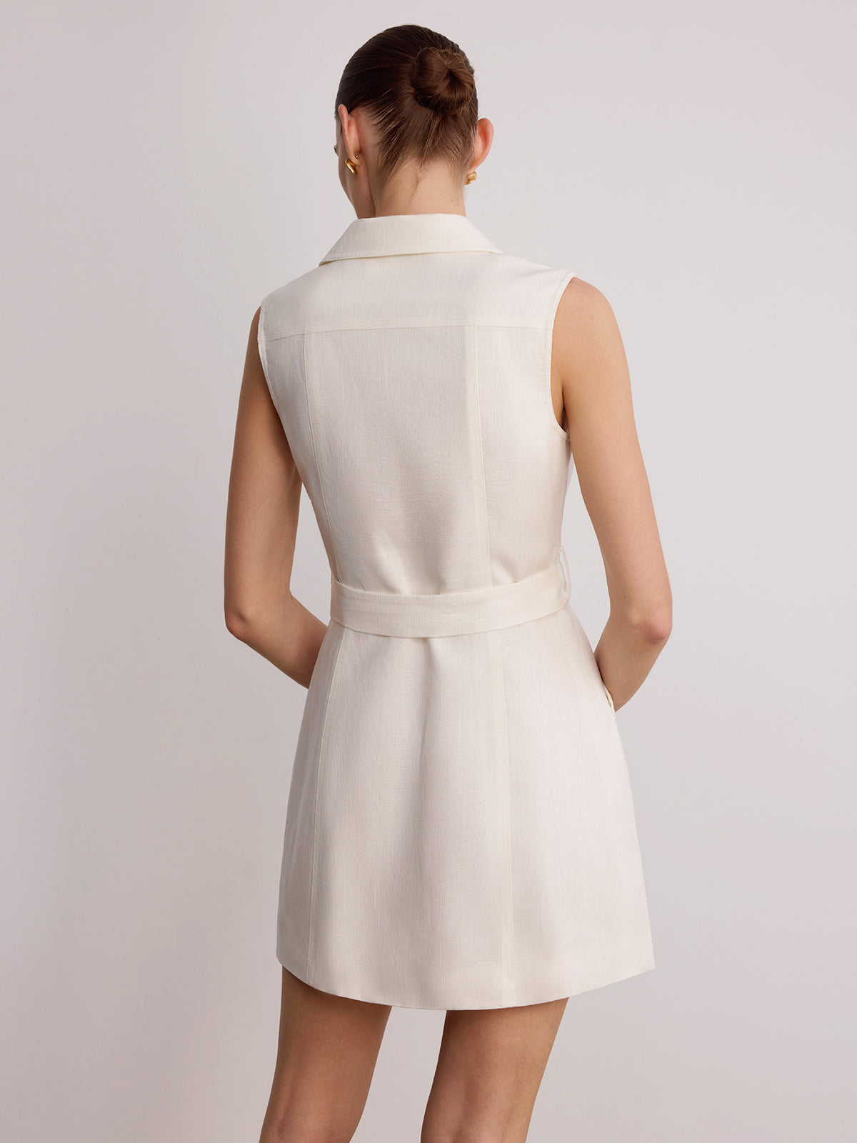 Blazer Collar Sleeveless Linen Dress with Belt