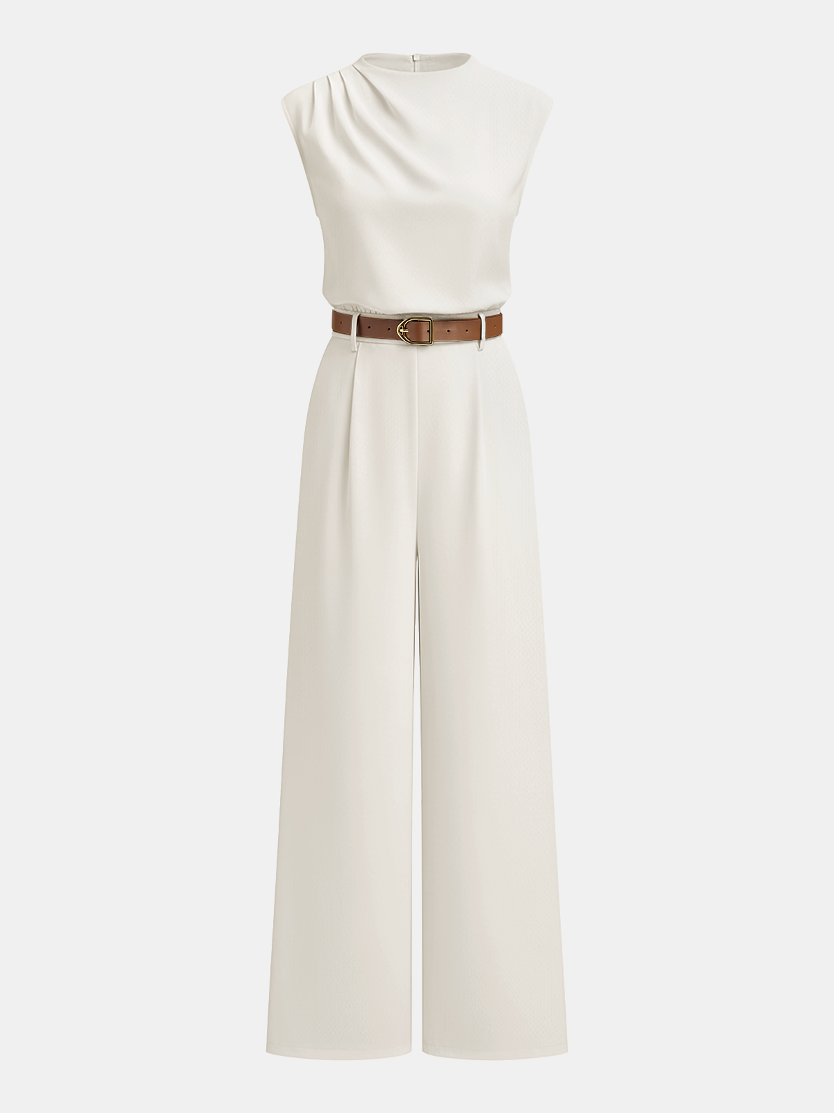 Mock Neck Jumpsuit with Belt and Wide Legs