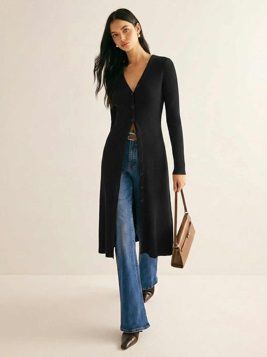 Long Sleeve Ribbed Knit Midi Dress with Buttons