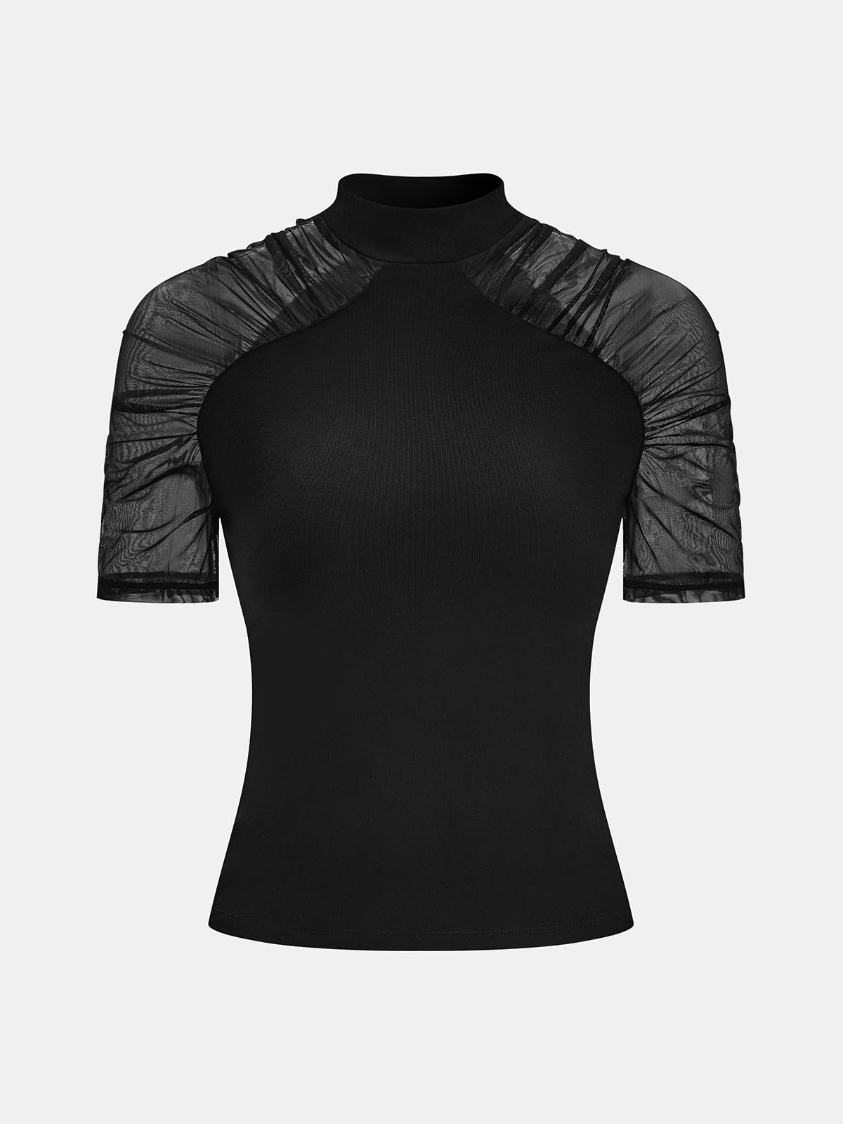 Mock Neck Top with Sheer Mesh Sleeves