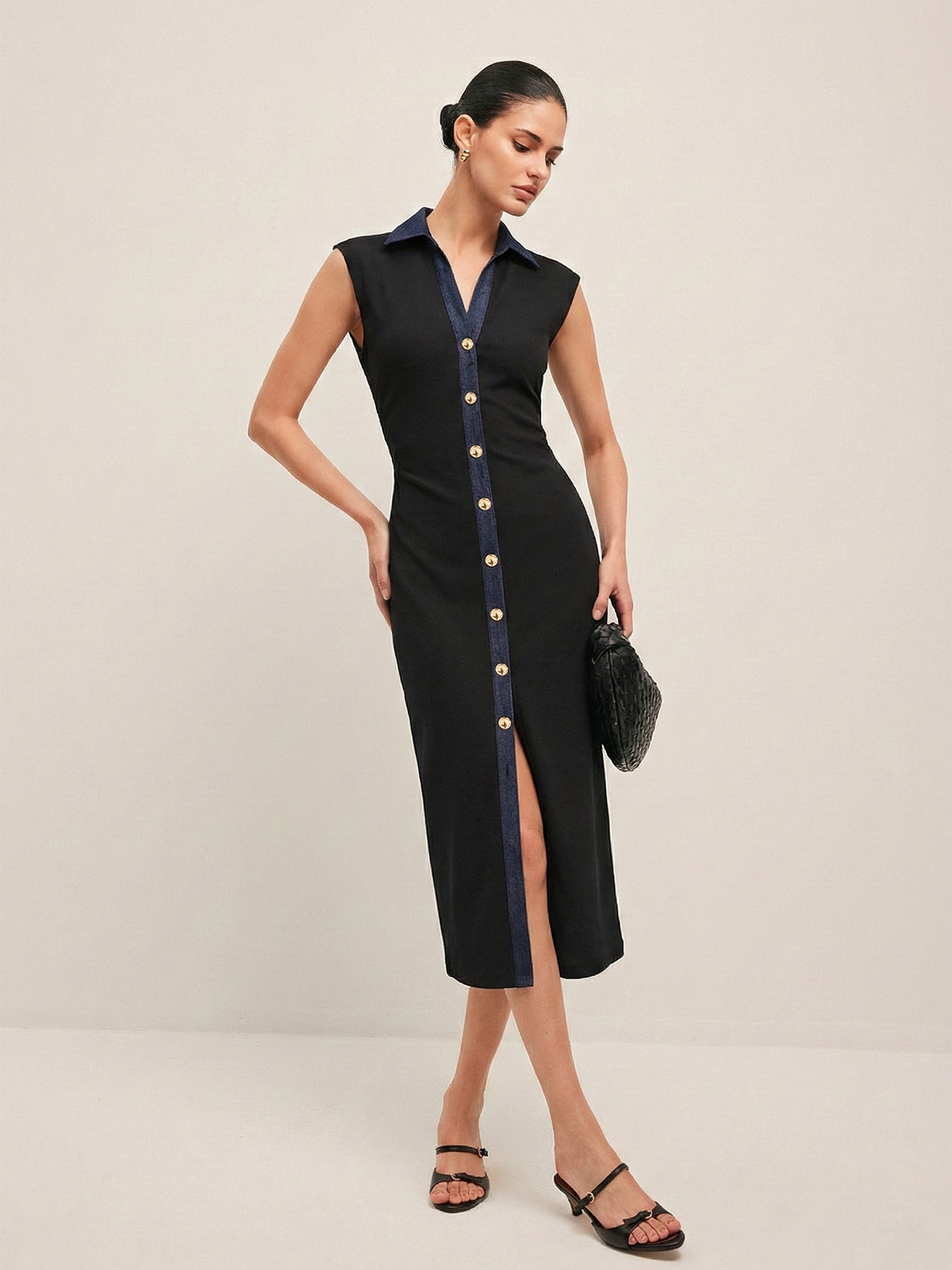 Denim Sleeveless Dress with Buttoned Midi Panels