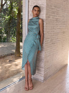Scallop Pattern Sleeveless Mock Neck Wrap Midi Dress