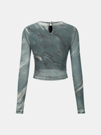 Tie-Dye Ruched Mesh Top with Long Sleeves