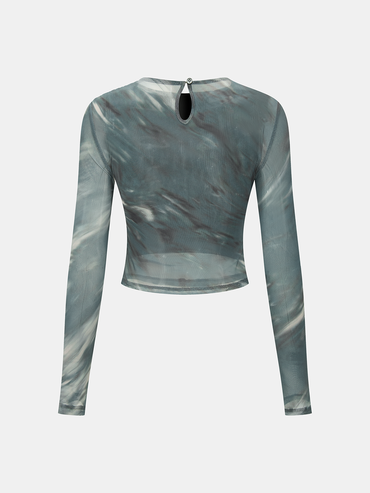 Tie-Dye Ruched Mesh Top with Long Sleeves