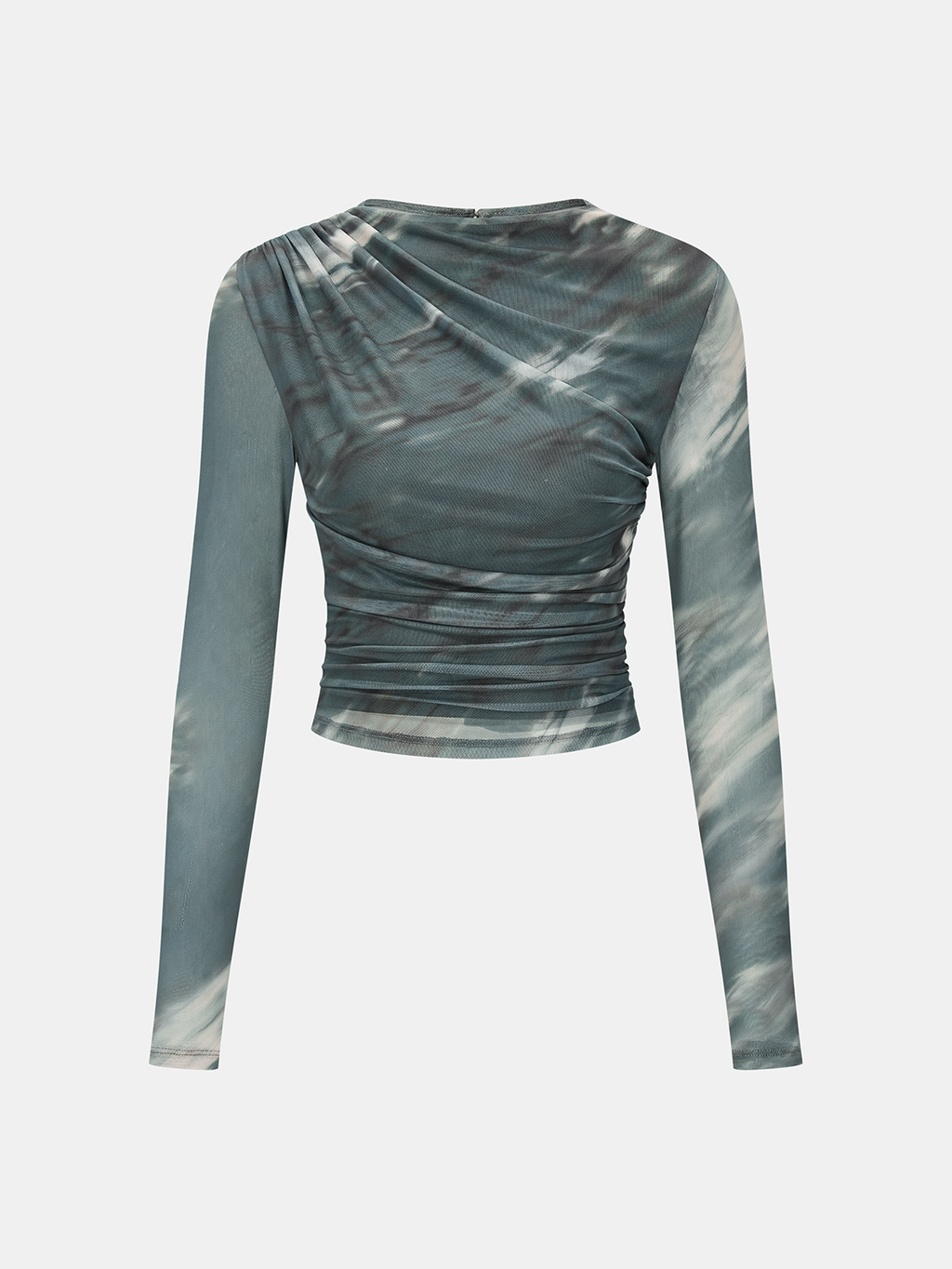 Tie-Dye Ruched Mesh Top with Long Sleeves