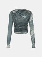 Tie-Dye Ruched Mesh Top with Long Sleeves