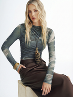Tie-Dye Ruched Mesh Top with Long Sleeves
