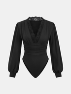 Lace Accented V-Neck Bodysuit with Ruched Detailing