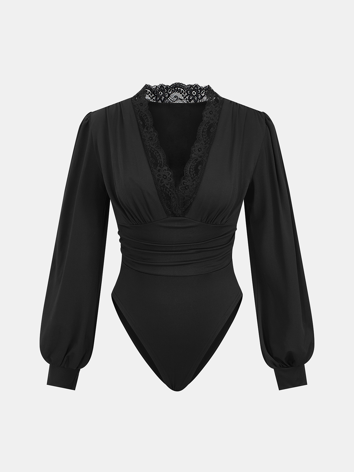 Lace Accented V-Neck Bodysuit with Ruched Detailing