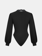 Lace Accented V-Neck Bodysuit with Ruched Detailing