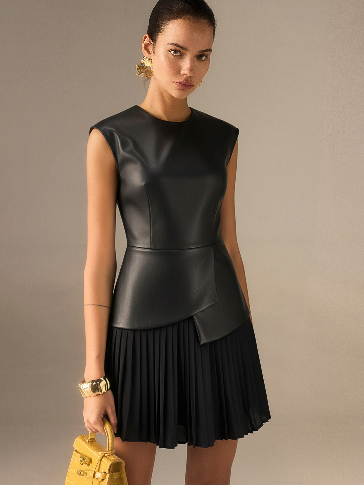 Sleeveless PU Leather Dress with Pleated Panel Detail