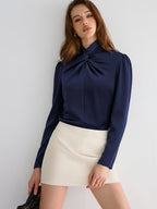 Mock Neck Twisted Front Satin Long-Sleeve Bodysuit