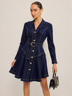Belted Denim Mini Dress with Metal Buttons Flare