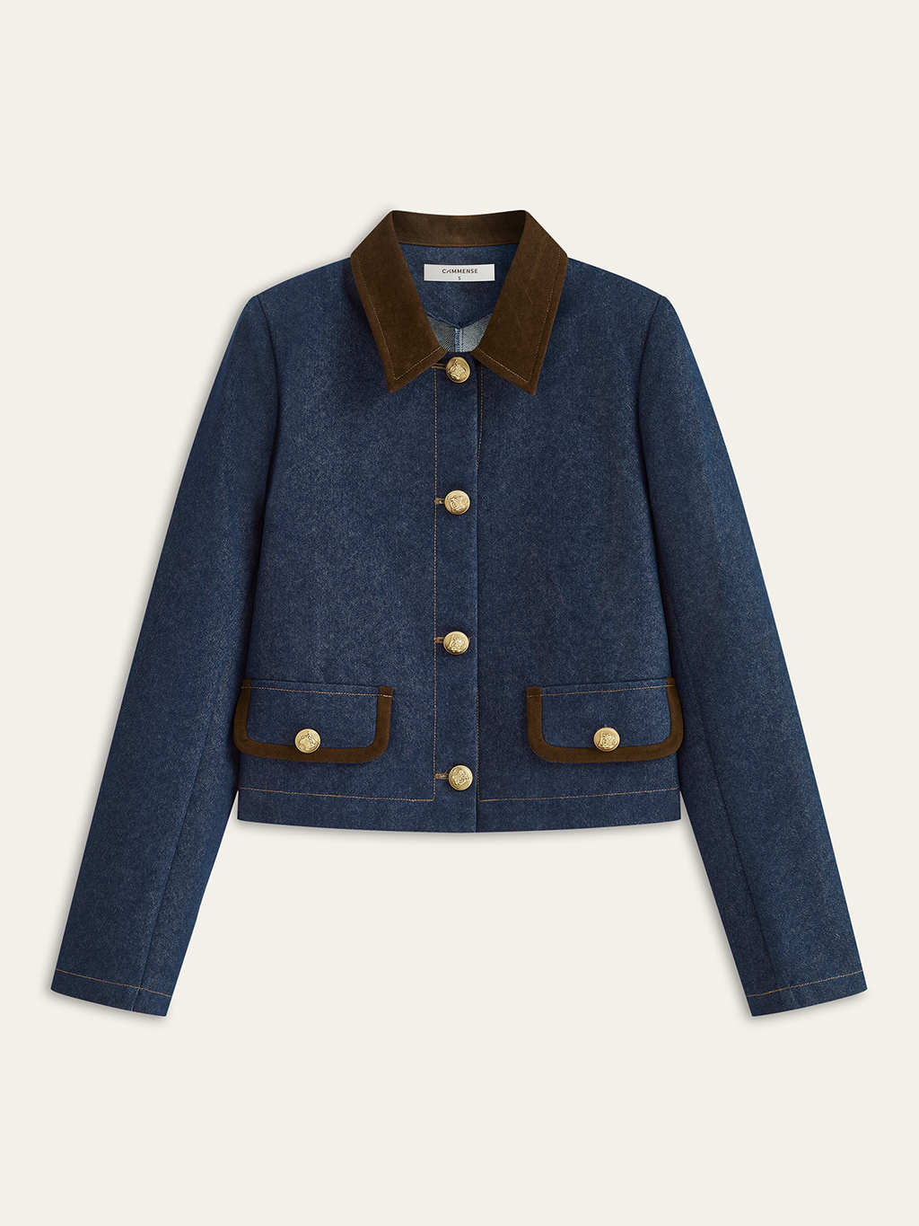 Suede Collar Denim Jacket with Metal Buttons