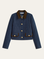 Suede Collar Denim Jacket with Metal Buttons