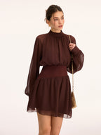 High Neck Chiffon Mini Dress with Cinched Waist