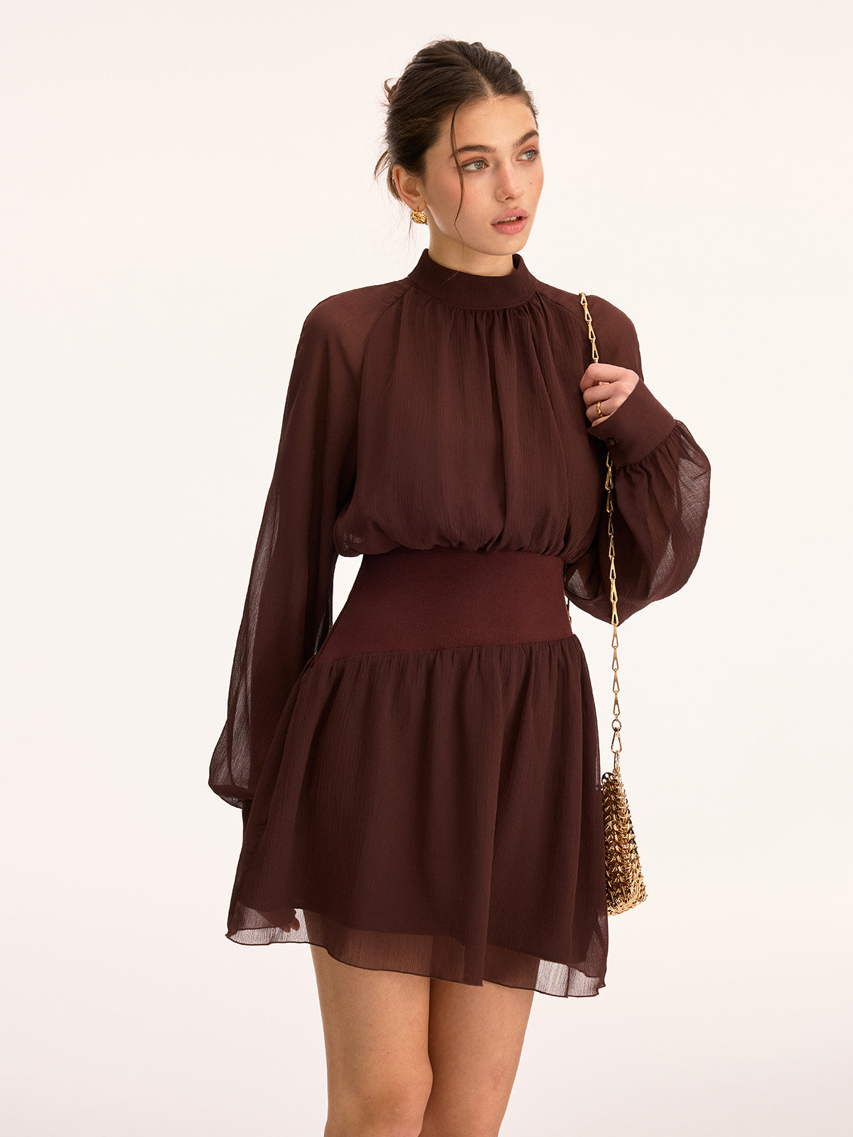 High Neck Chiffon Mini Dress with Cinched Waist