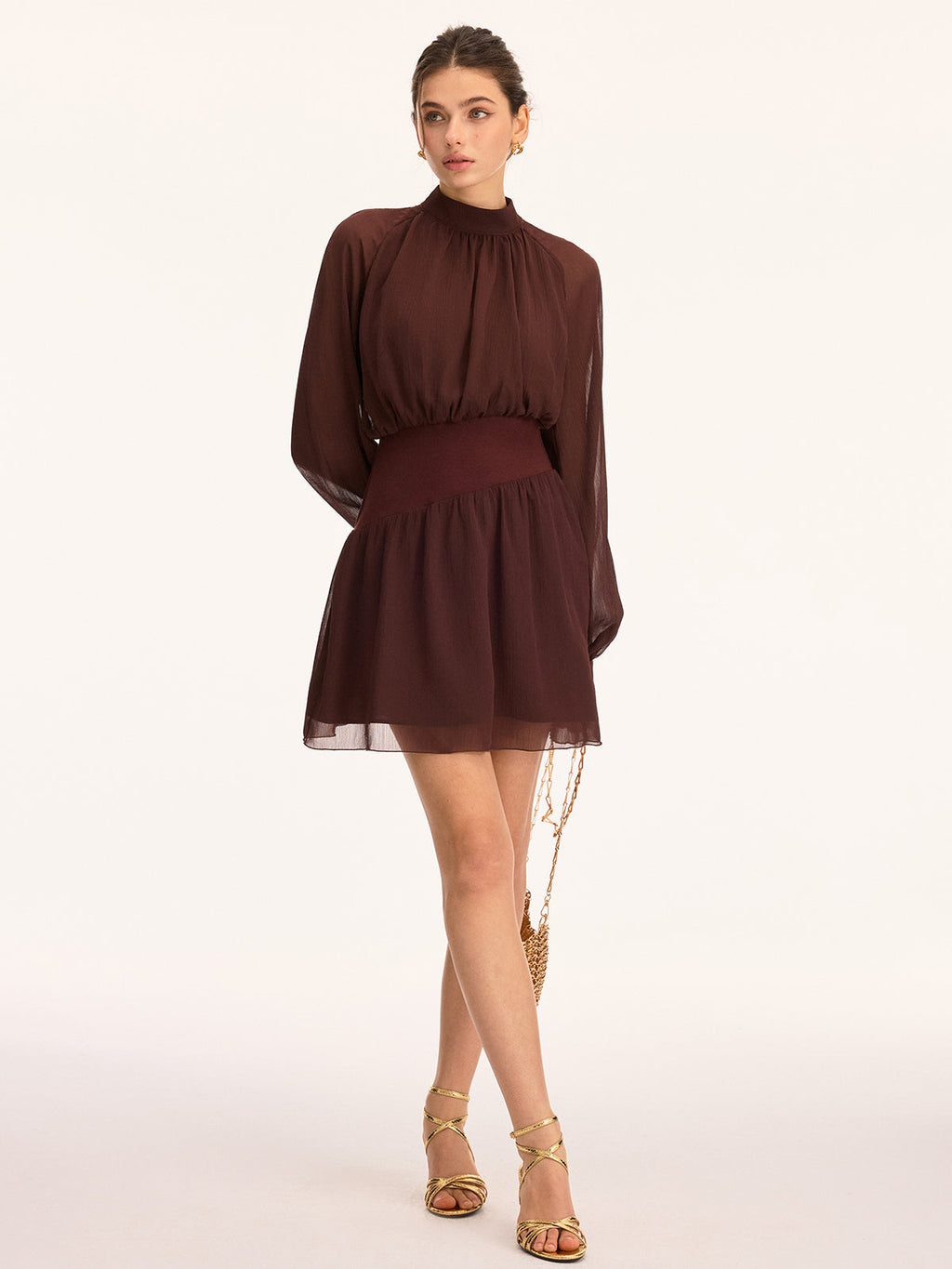 High Neck Chiffon Mini Dress with Cinched Waist