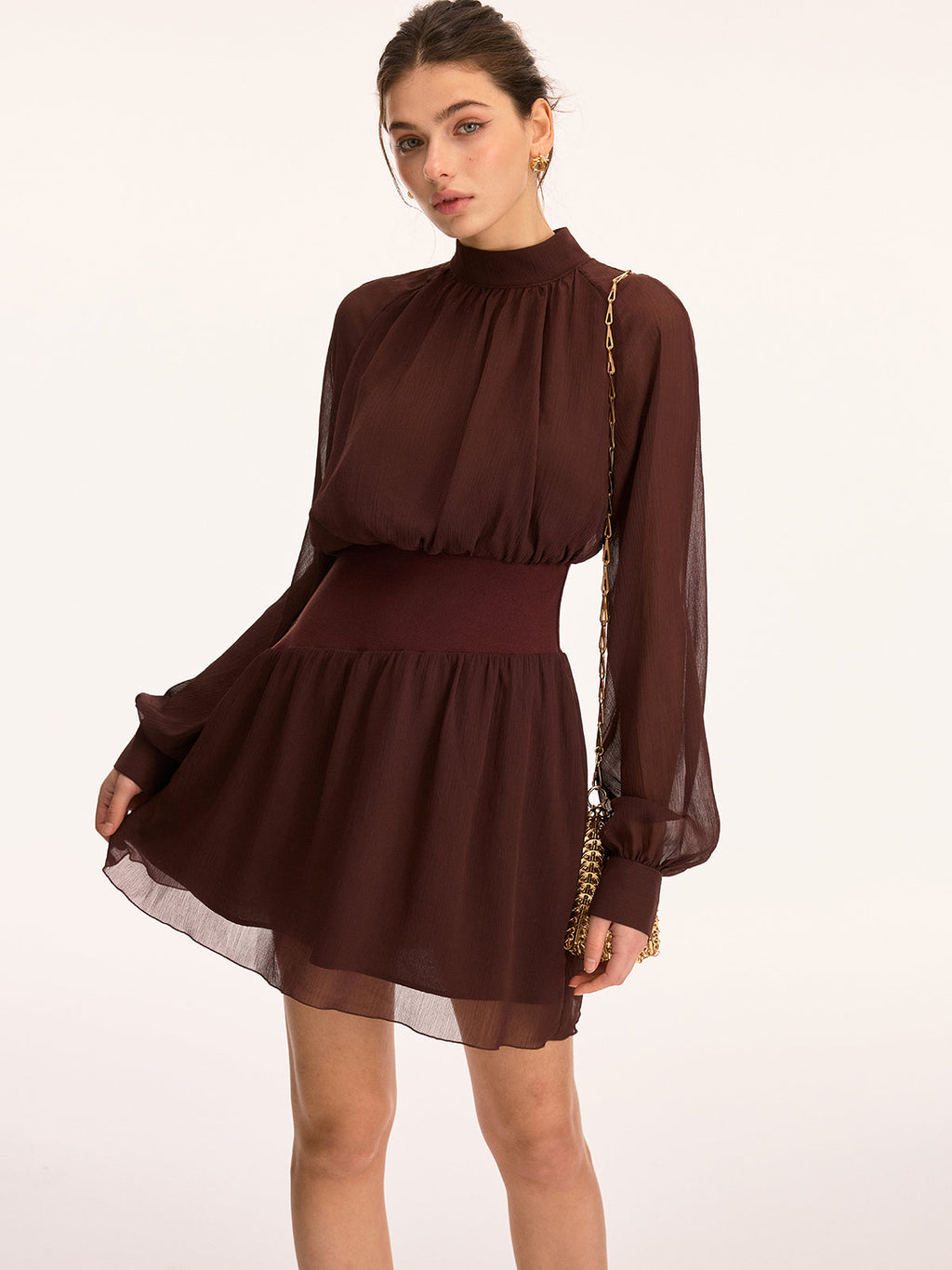 High Neck Chiffon Mini Dress with Cinched Waist