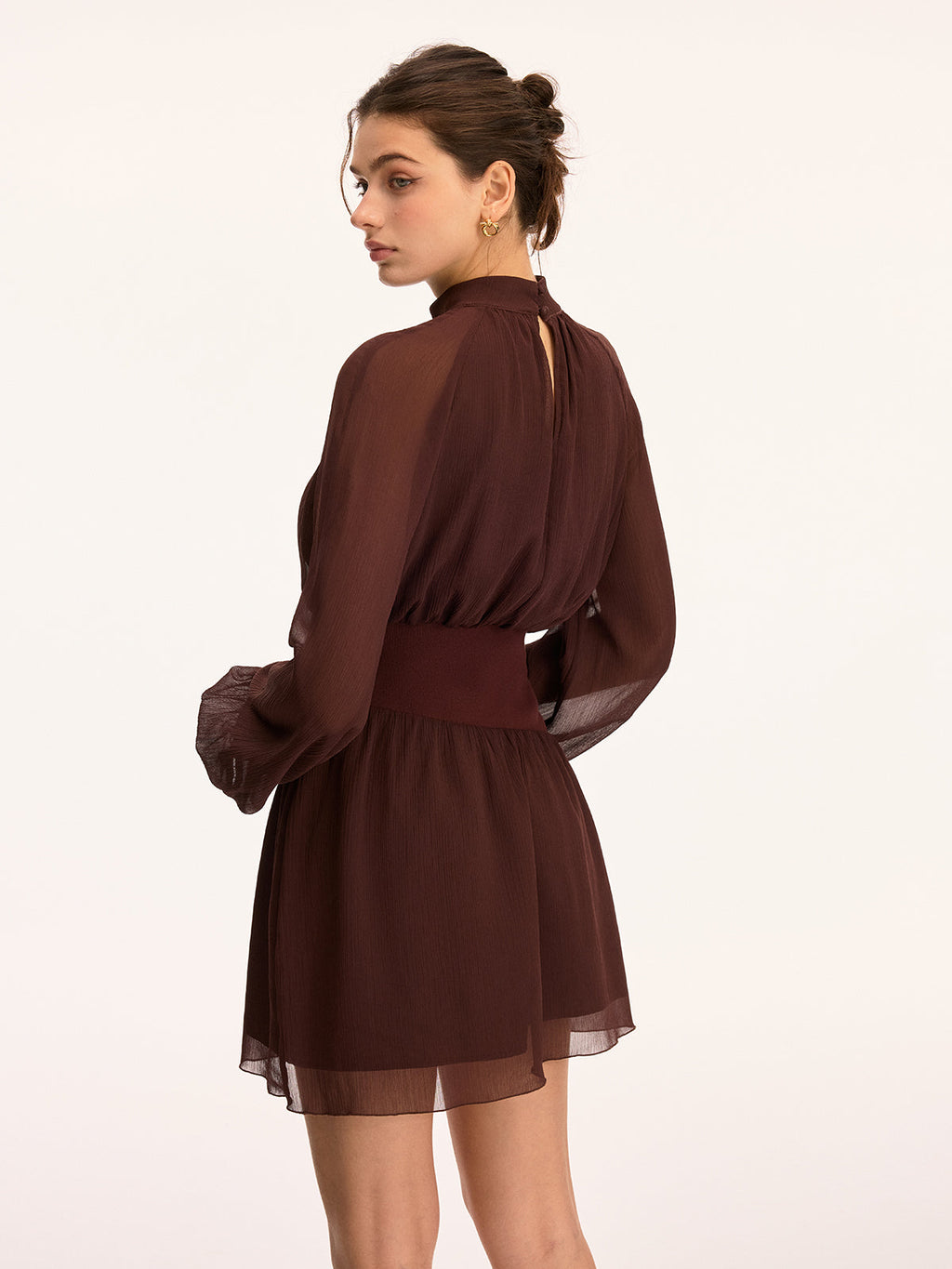 High Neck Chiffon Mini Dress with Cinched Waist