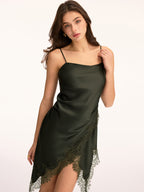 Satin Asymmetric Cami Dress with Lace Trim