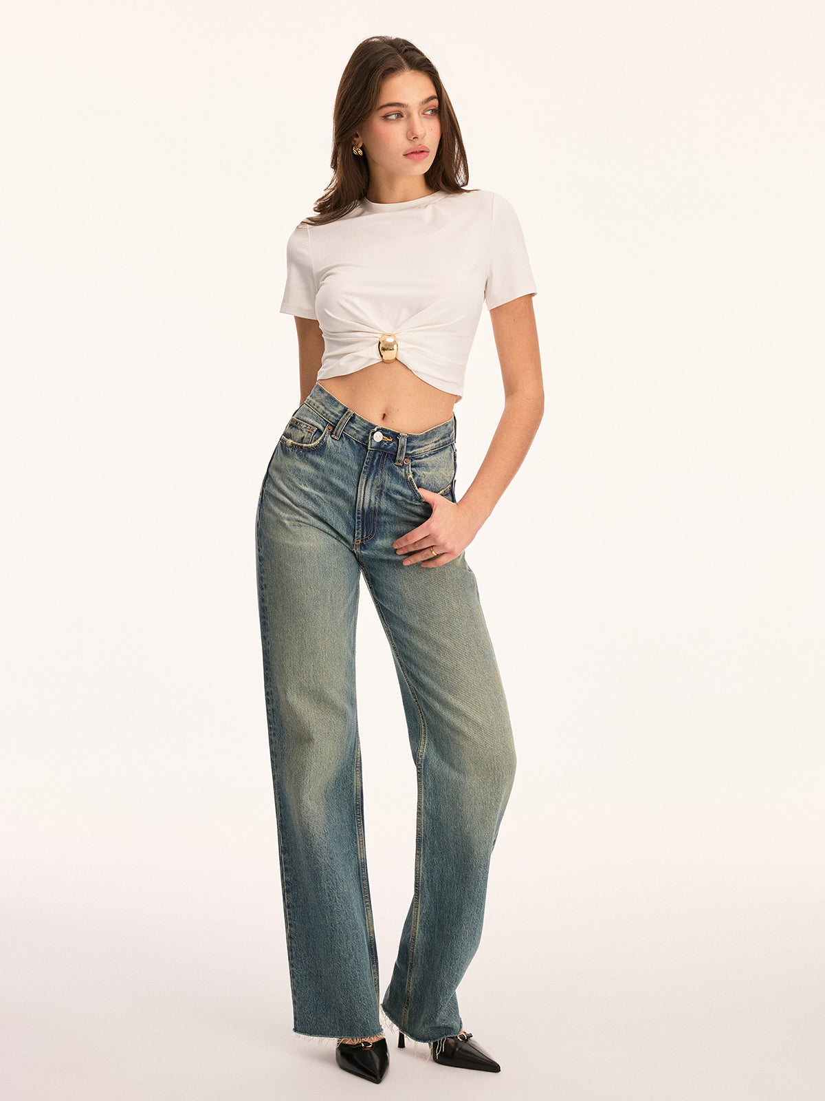 Twist Front Crop Top with Metal Buckle Detail