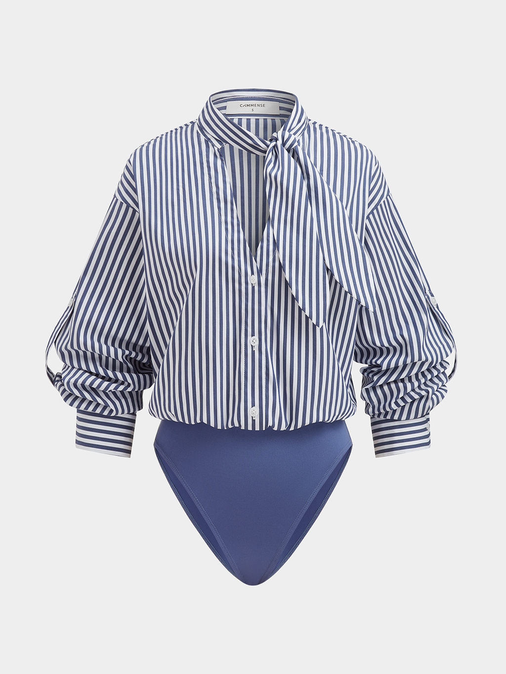 Striped Cotton Blend Bodysuit with Tie Neck Detail