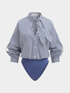 Striped Cotton Blend Bodysuit with Tie Neck Detail