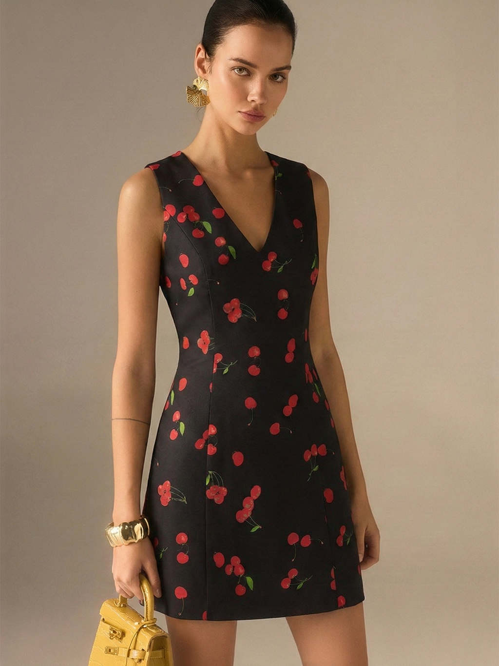 V-Neck Mini Dress with Cherry Print, Sleeveless