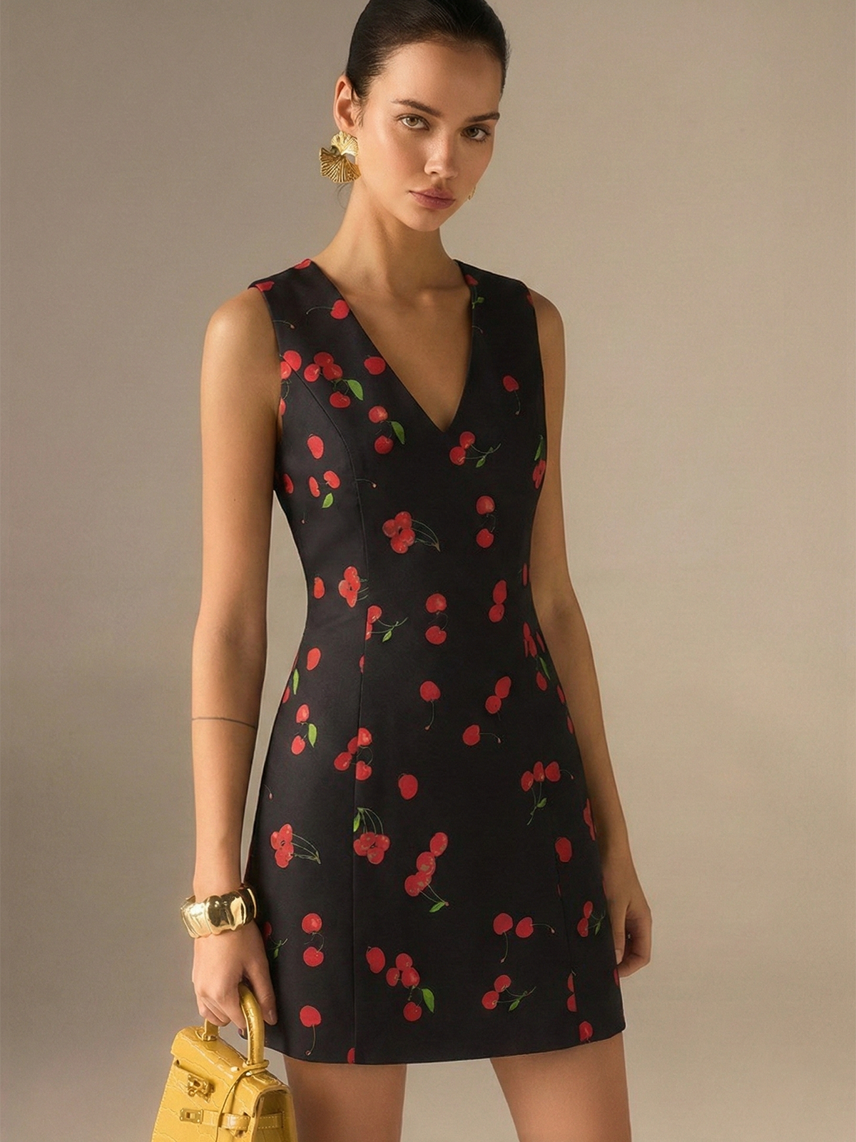 V-Neck Mini Dress with Cherry Print, Sleeveless