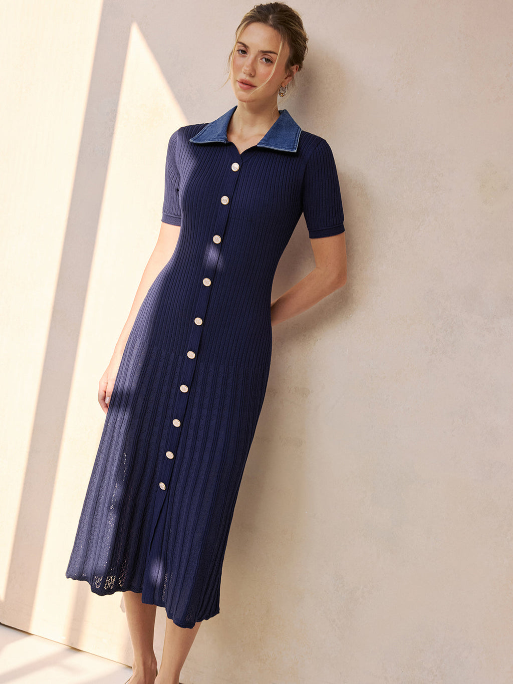 Ribbed Denim-Collar Knit Midi-Length Dress