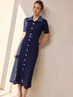Denim-Collared Ribbed Midi Knit Dress