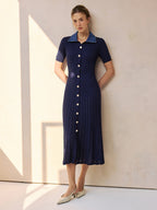 Denim Accented Ribbed Knit Midi Dress