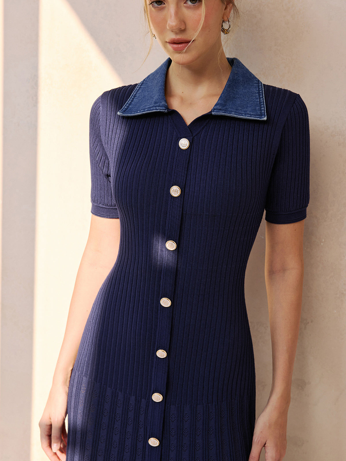 Denim-Collared Ribbed Midi Knit Dress