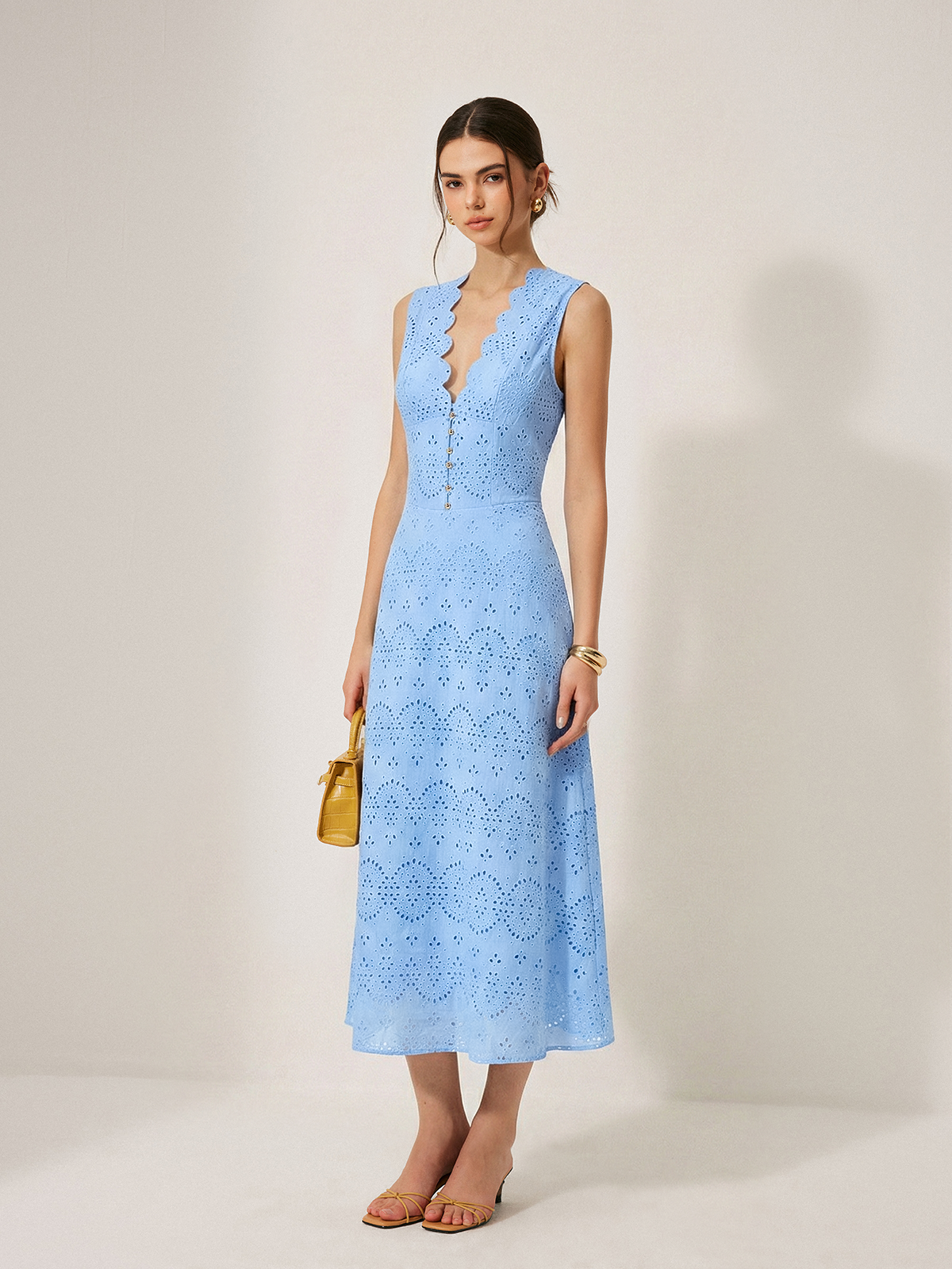 Cotton Sleeveless Dress with Embroidered Eyelet Detail