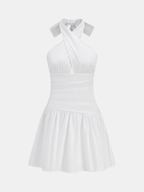 Cotton Halter Mini Dress with Ruched Detailing