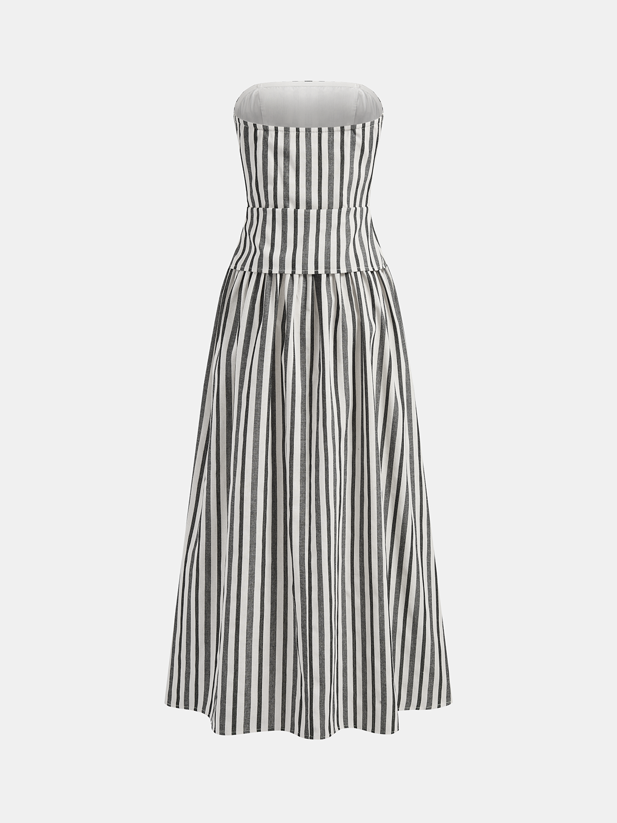 Striped Cotton Linen Strapless Ruched Dress