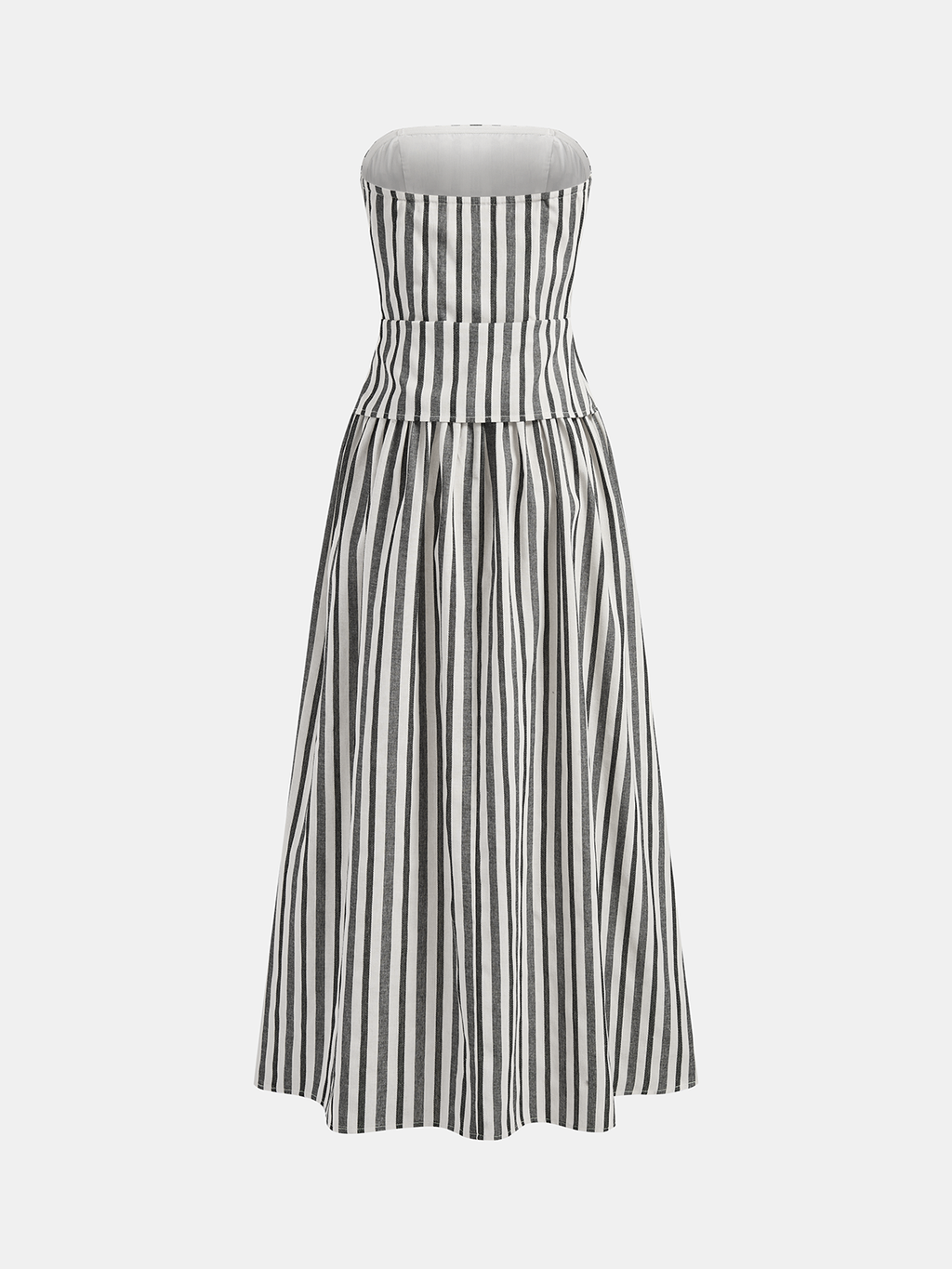Striped Cotton Linen Dress with Strapless Ruched Design