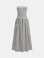 Striped Cotton Linen Dress with Strapless Ruched Design