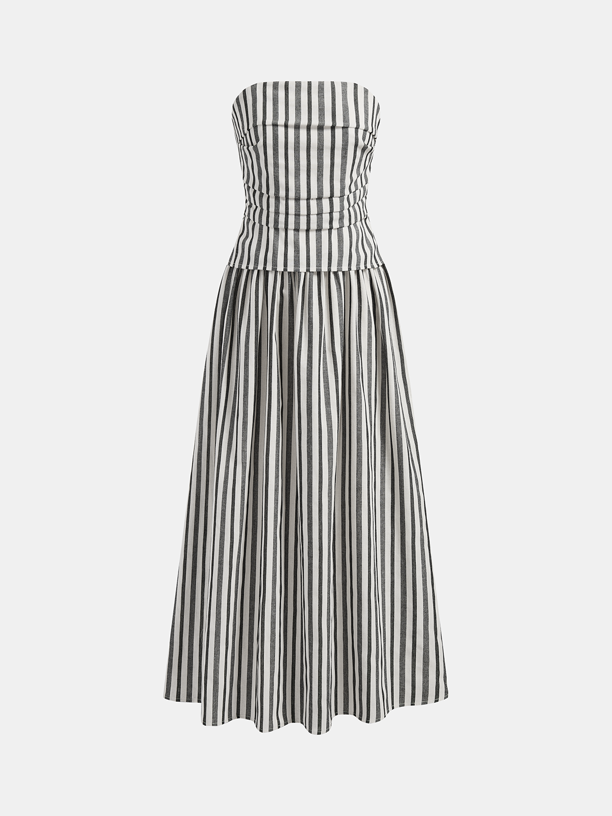 Striped Cotton Linen Strapless Ruched Dress