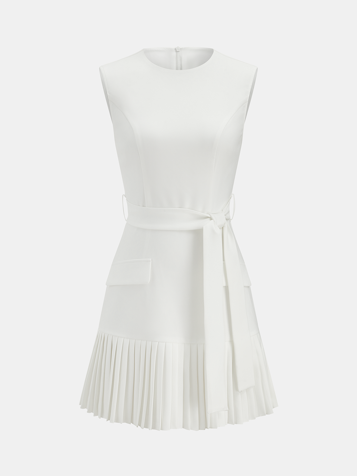Sleeveless Mini Dress with Belt and Pleated Hem