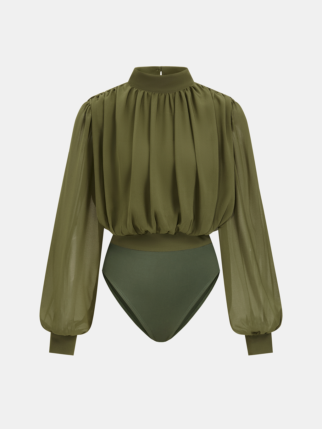 Semi-Sheer Bodysuit with Puff Sleeves and Ruched Detail
