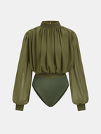 Semi-Sheer Bodysuit with Puff Sleeves and Ruched Detail