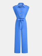 Collared Sleeveless Jumpsuit with Tie Waist and Wide Legs