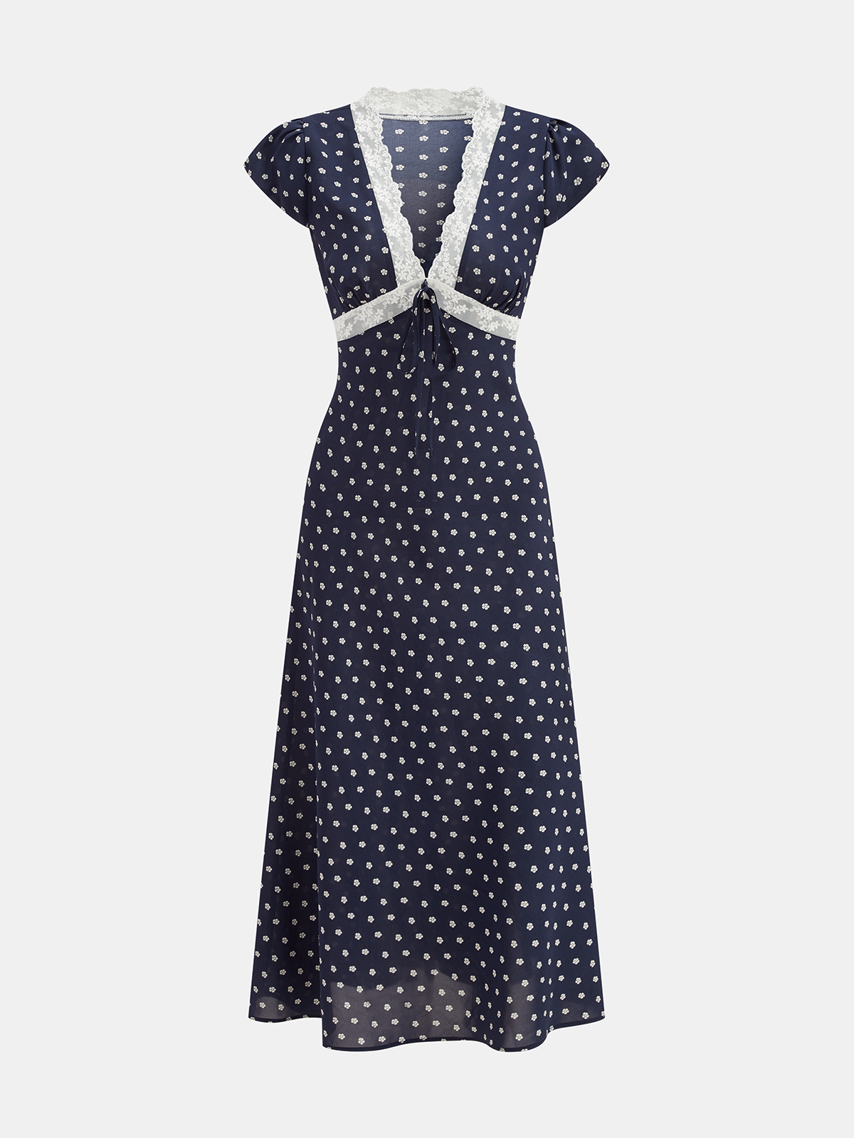 Floral Lace Trim V-Neck Maxi Dress with Ditsy Pattern