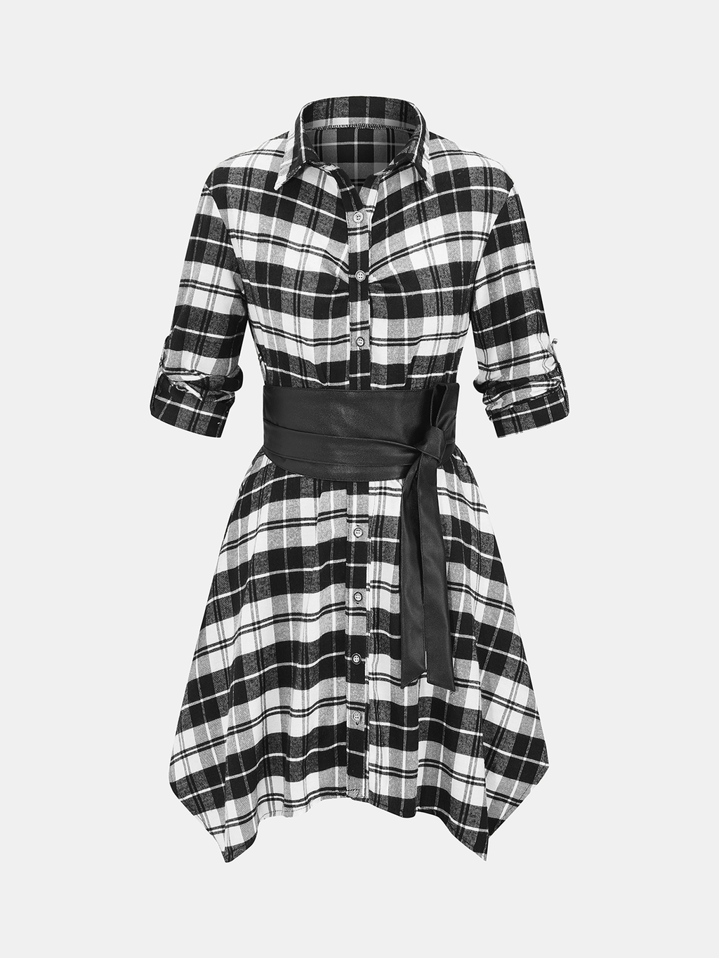 Adjustable Sleeve Plaid Dress with Cinched Waist